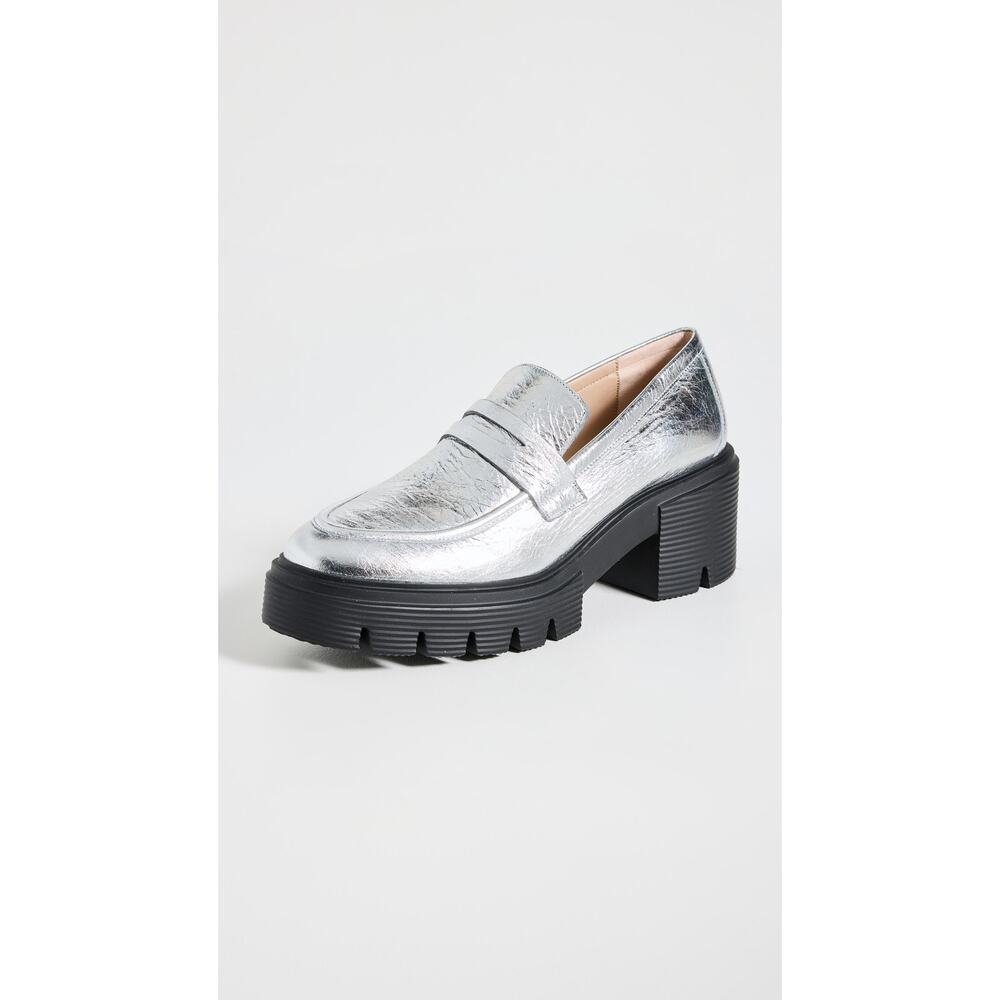 Stuart Weitzman 'Soho' Silver Leather Round Toe Loafers Size 7.5